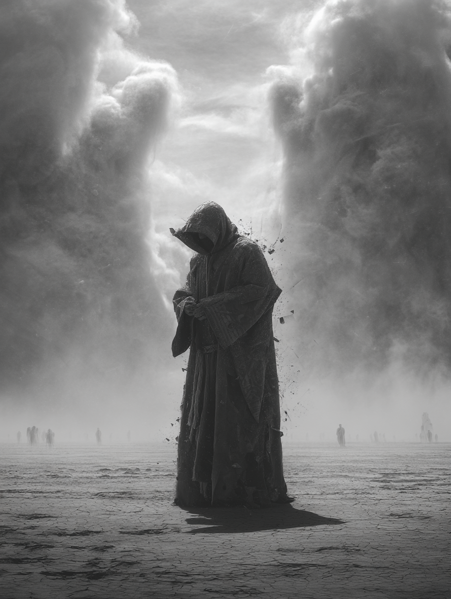 b&w image of a monk wearing a robe with a shattered hood standing in the middle of the desert while a sandstorm happens in the background